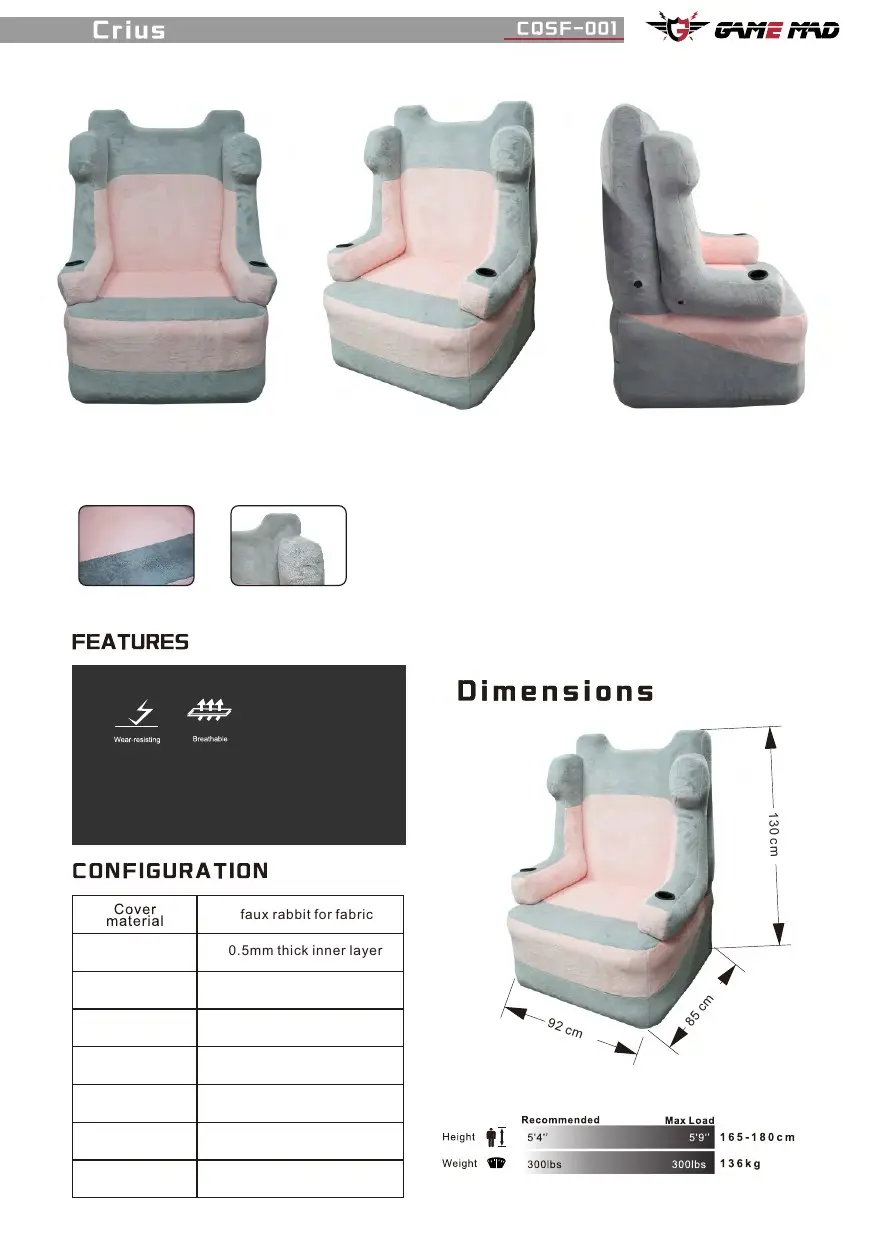 COSF-001 chair configuration and dimensions
