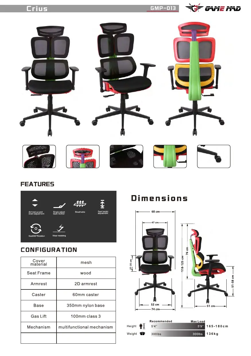 GMP-013 chair configuration and dimensions