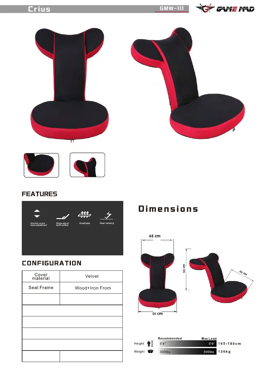 GMW-111 chair configuration and dimensions