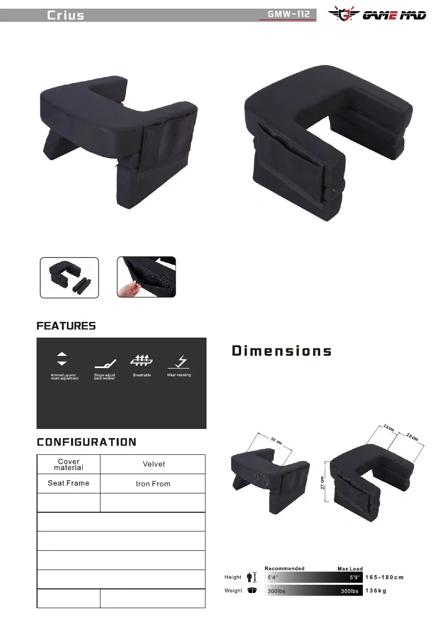 GMW-112 chair configuration and dimensions